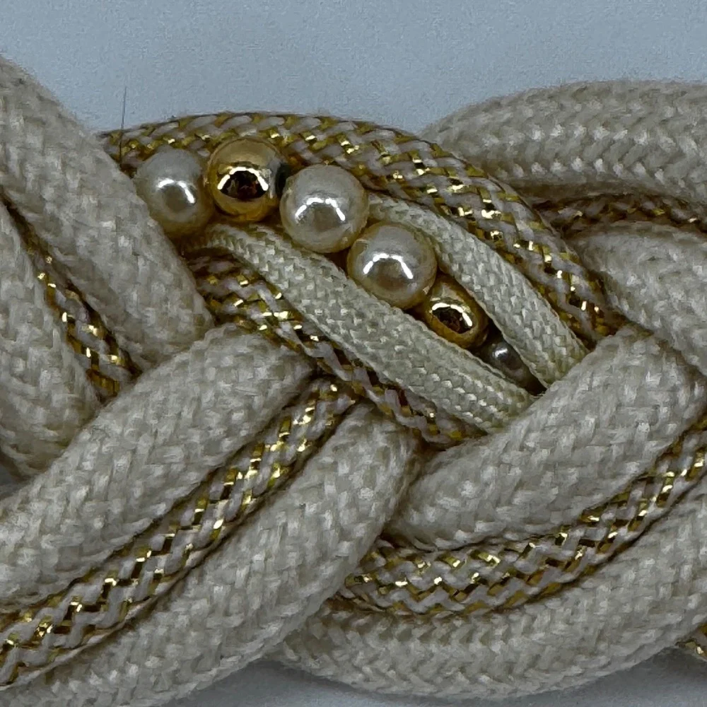Vintage Braided Rope Belt Cream Gold Pearl Medallion 32
